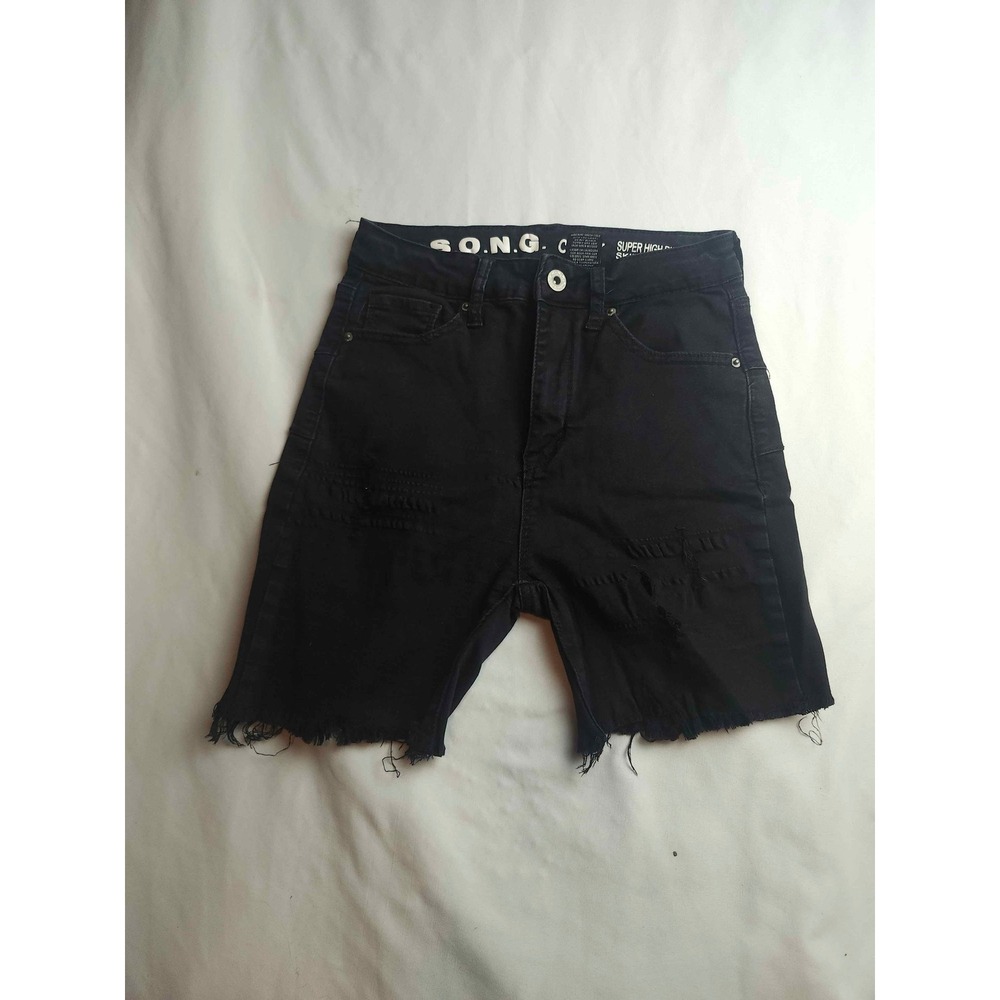 SONG Curvy Super High Rise Black Distressed‎ Denim Shorts Size 5/27 Raw Hem